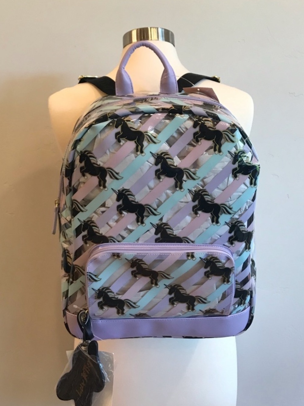 BETSEY JOHNSON Clear Striped Black Unicorn Horse Backpack